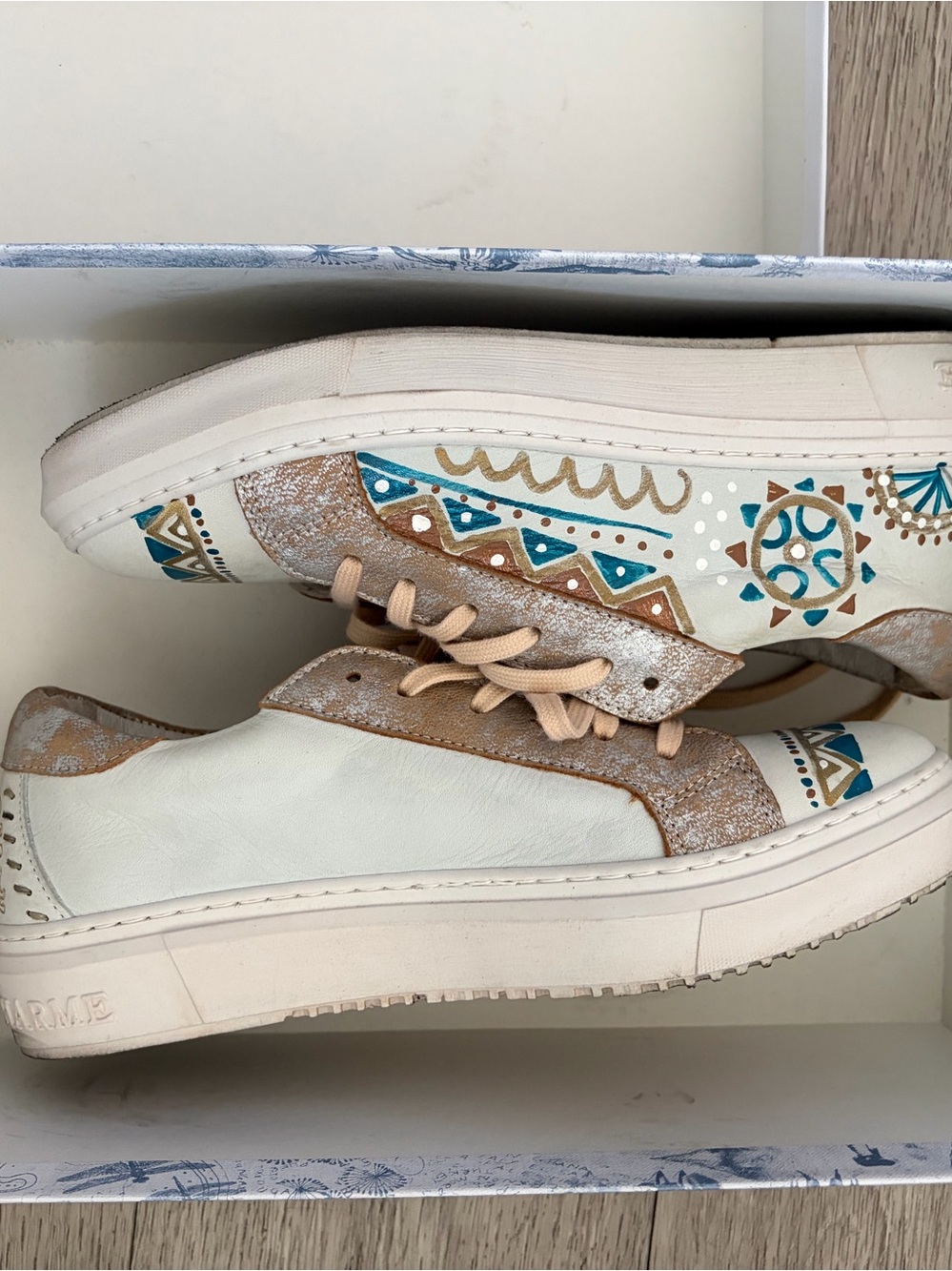 White Leather Sneakers with Turquoise and Gold Geometric Accents